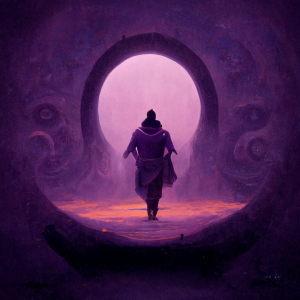 a dark purple silhouette stands before an open portal made of purple smoke