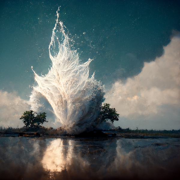 a huge vortex of water rises from a serene lake