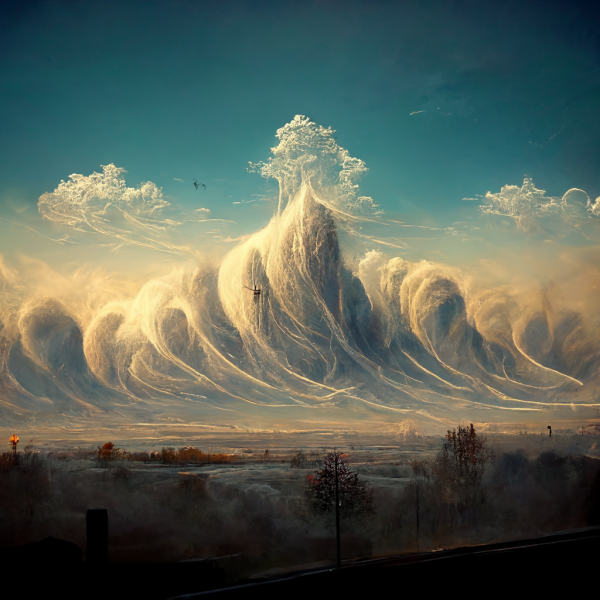 a wall of clouds advances over a forested plain