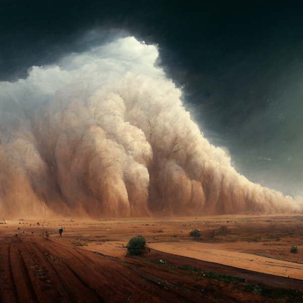 a sandstorm approaches on the desert horizon