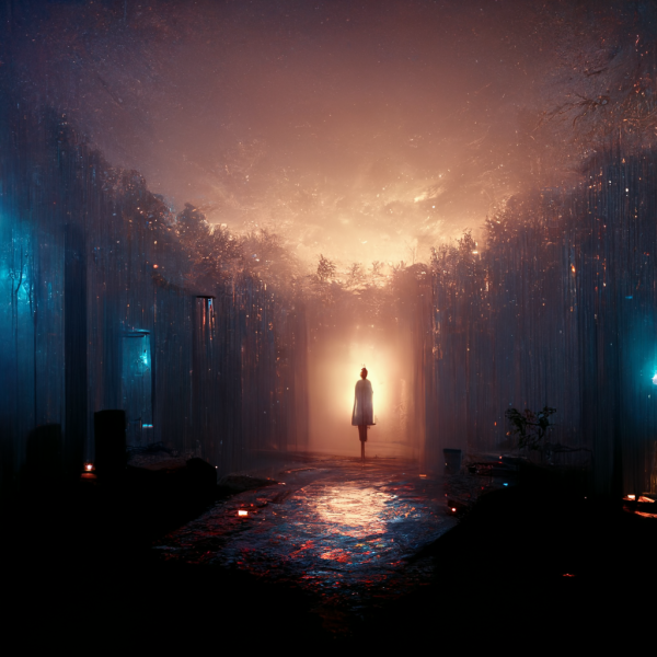 a woman stands at the edge of a golden portal of light, beneath a fading sunset