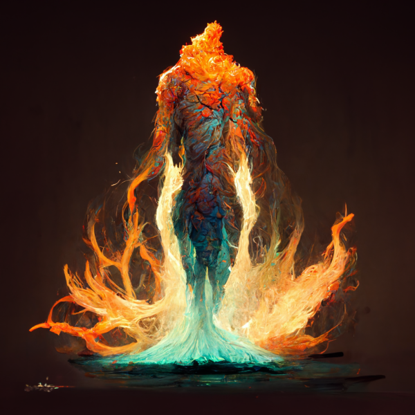 a fire elemental born of green and orange fire