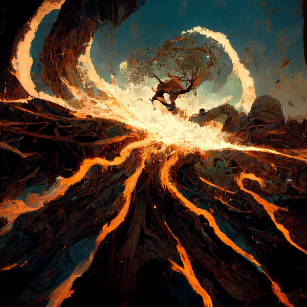 an explosion viewed from a tilted perspective, shooting out fingers of fire in an energetic pattern