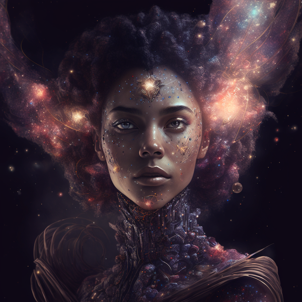 a woman surrounded by galaxy, third eye open