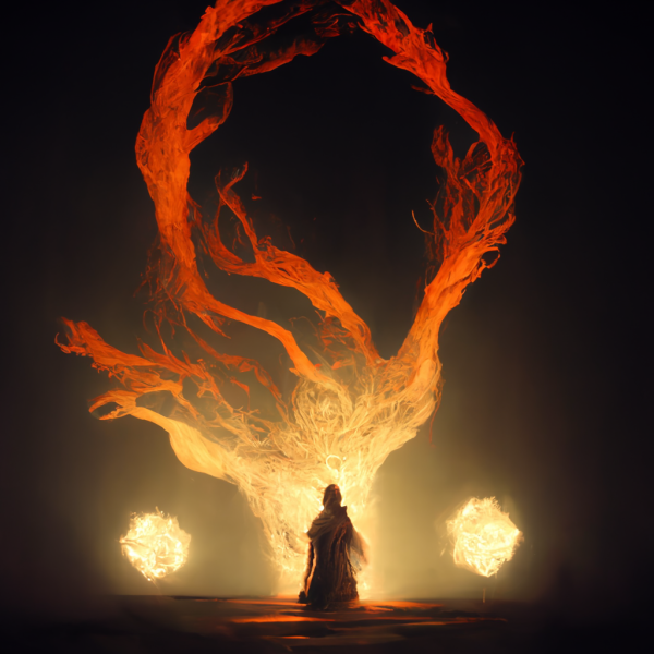 a warrior surrounded by a column of fire that twists into the night sky