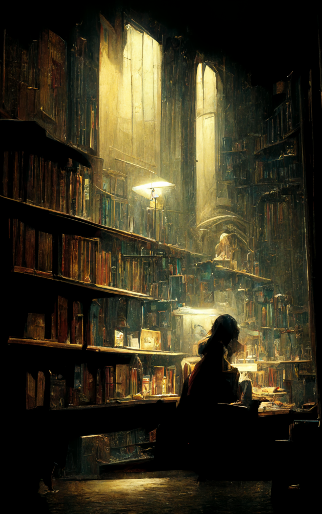 girl studying in a dark library