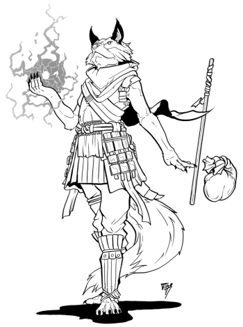 A fox variant ulfar desimancer wielding lightning and levitating their travel items A fox variant ulfar desimancer wielding lightning and levitating their travel items