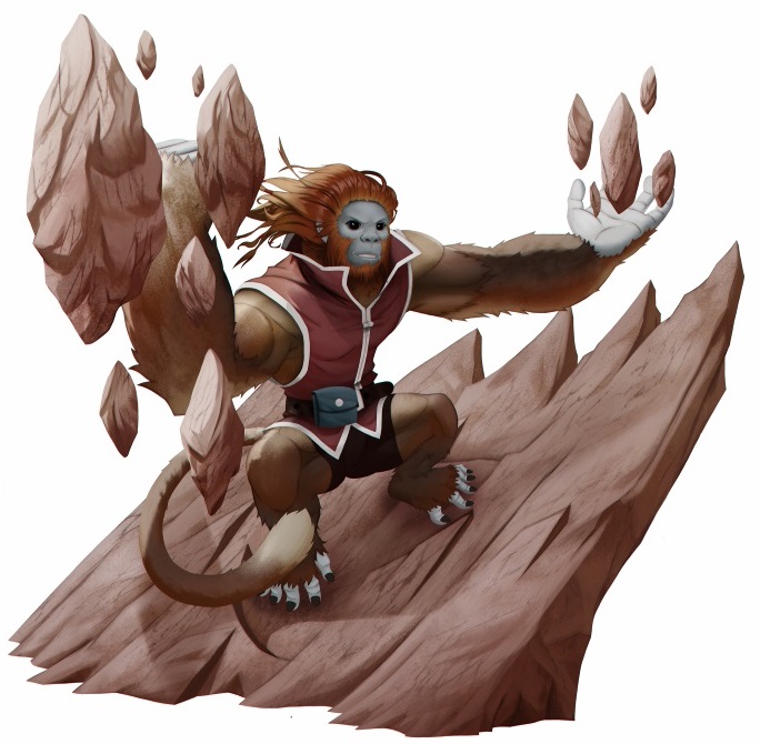 Hanum petramancer standing on a slab of earth, pulling shards of stone into the air