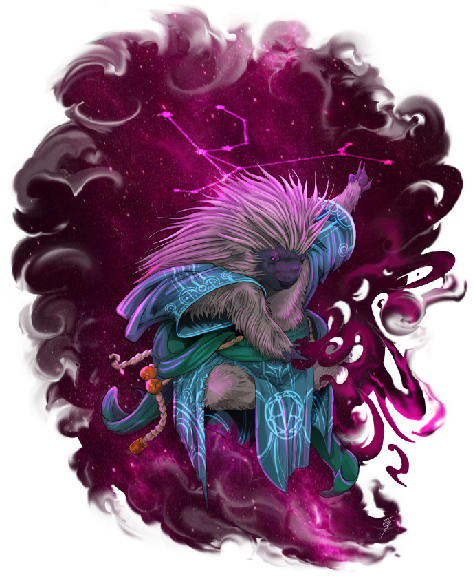 Roen Dreamwalker in front of a swirling galaxy