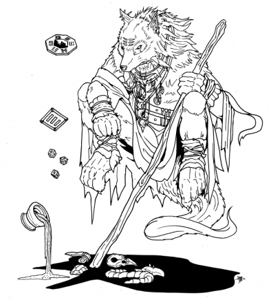 A wolf variant Ulfar Cleromancer hovering over their portents A wolf variant Ulfar Cleromancer hovering over their portents